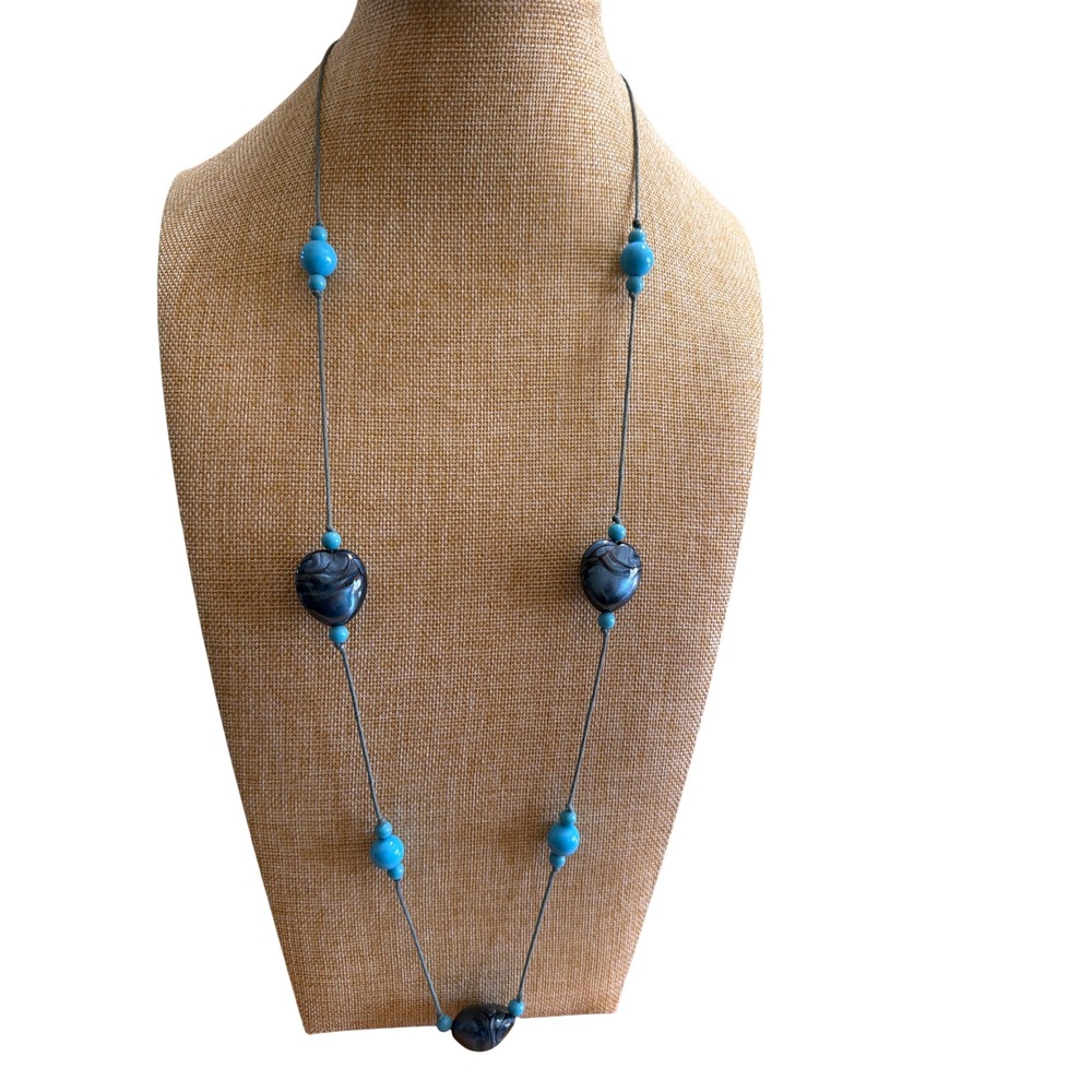 Turquoise Blue Marbled Heart Beaded Long Cord Necklace Grey